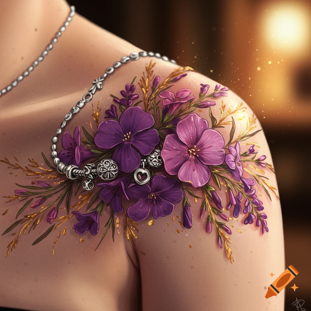 Close-up of a detailed shoulder tattoo featuring purple and pink wildflowers with golden accents, intertwined with a silver charm bracelet.