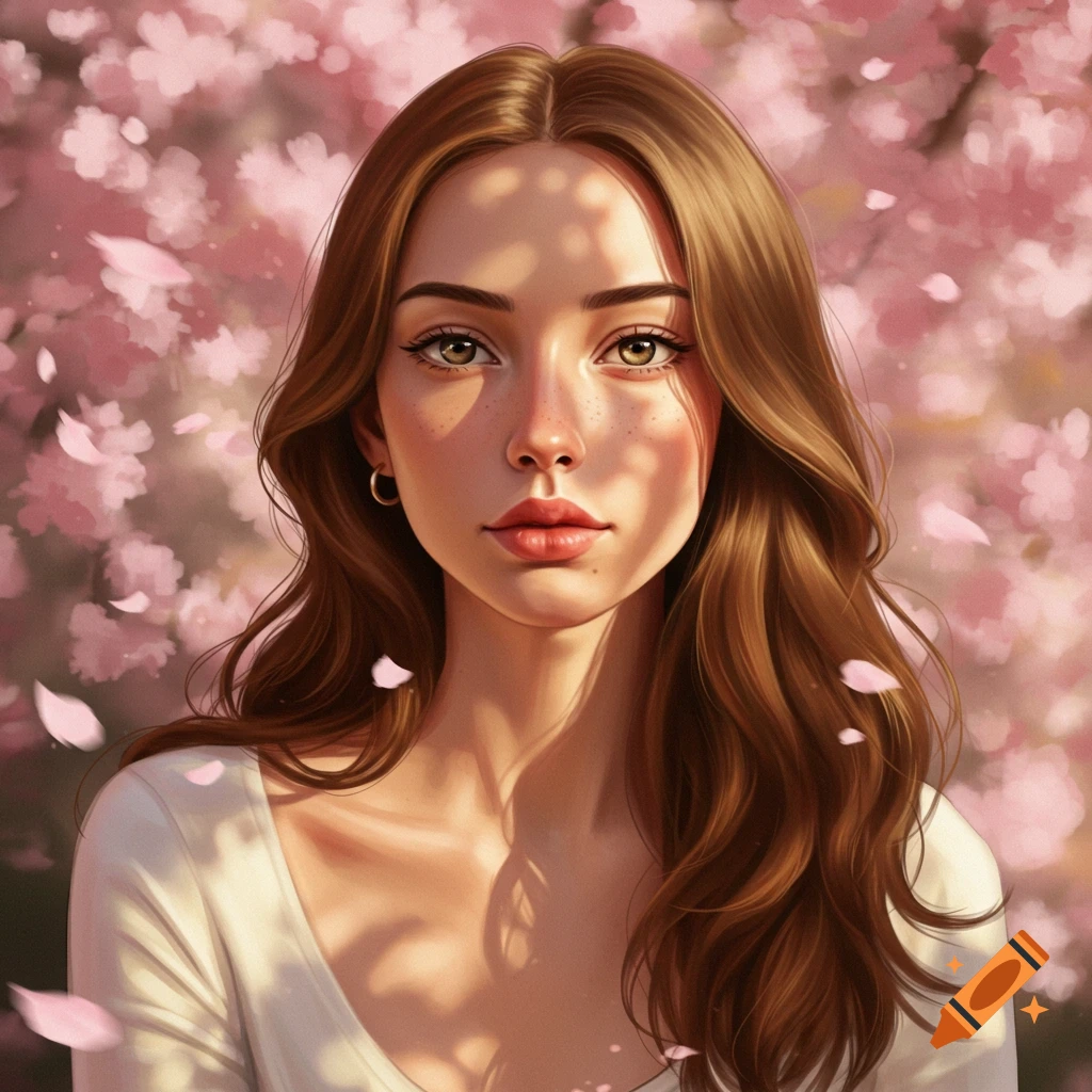 A portrait of a young woman with long brown hair and freckles, illuminated by sunlight against a pink cherry blossom background.