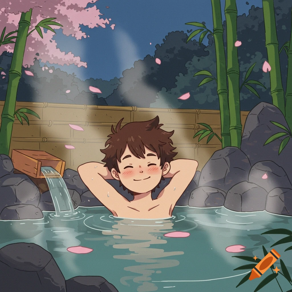 A cartoon boy with brown hair relaxes in a Japanese onsen surrounded by cherry blossoms and bamboo.