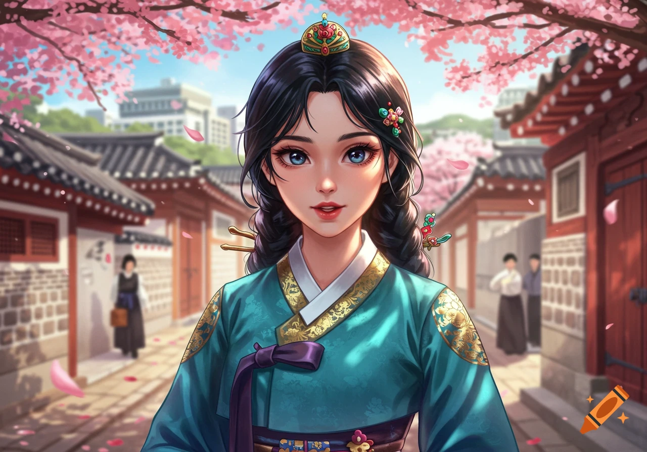 An anime-style woman in a teal Hanbok stands in a traditional Korean village under pink cherry blossoms.