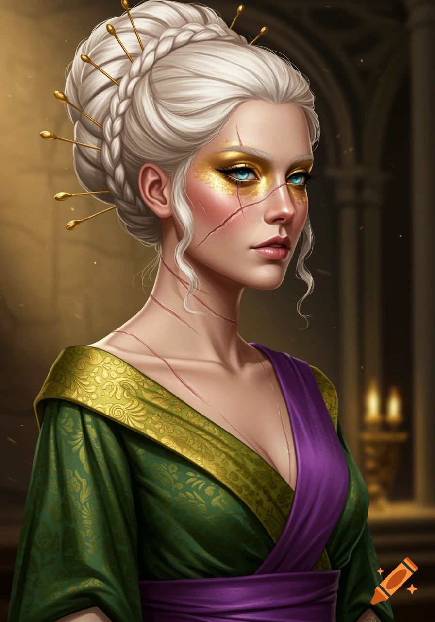 A fantasy portrait of a woman with platinum blonde hair in a braided bun with gold pins, wearing a green and gold gown with a purple sash. She has gold eyeshadow, blue eyes, and visible facial scars.