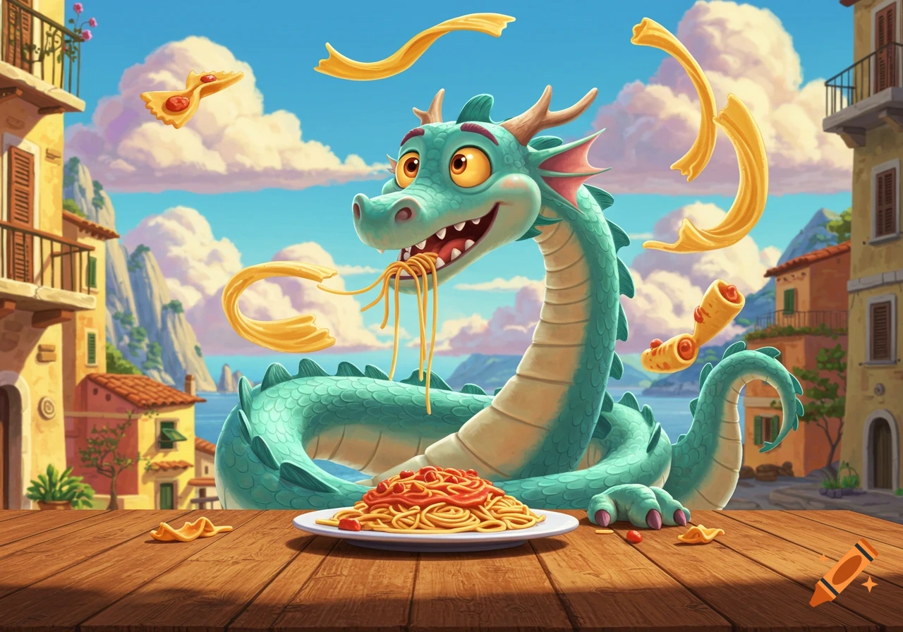 A cute green cartoon dragon happily slurps spaghetti from a plate on a wooden table, with other pasta shapes floating around, against a background of a Mediterranean coastal town.
