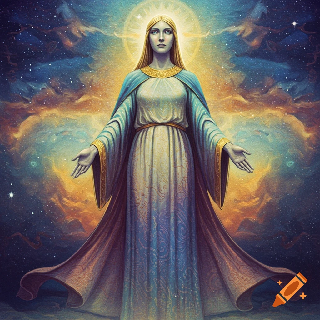 A blonde female deity in a flowing gown stands with outstretched arms against a cosmic background with stars and nebulae.