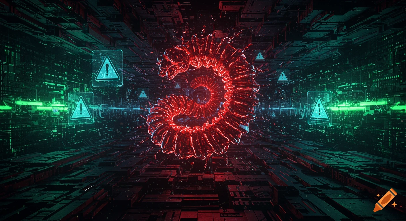 Red glowing spiral in a dark, futuristic cyberspace with green and red light, surrounded by blue warning signs.