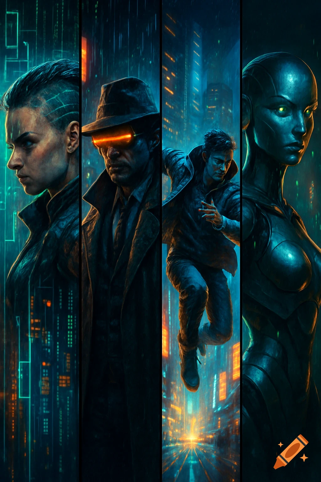 A cyberpunk movie poster with four vertical panels, each featuring a character in a futuristic city with neon lights.