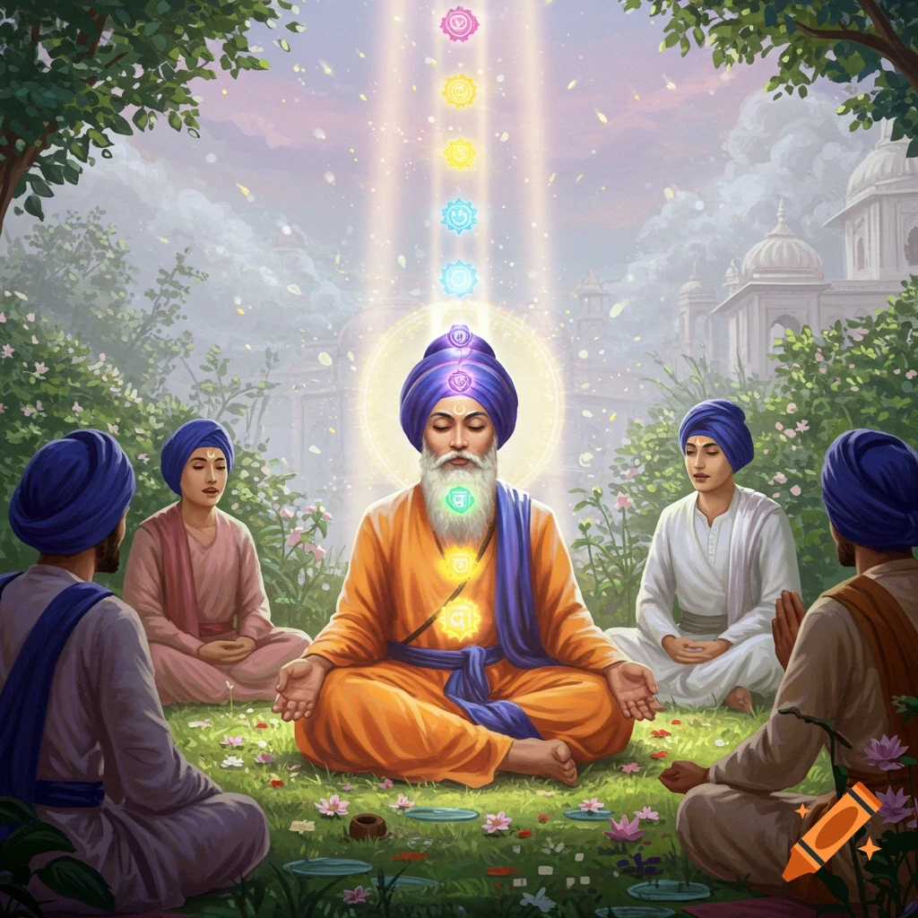 A Sikh man meditates with glowing chakras, surrounded by fellow meditators in a serene garden with temples in the background.
