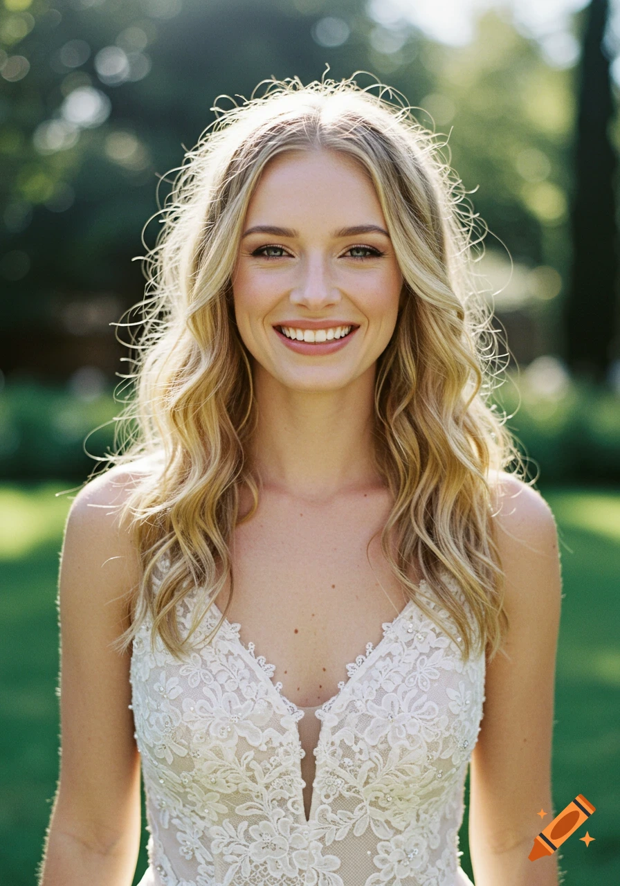Photorealistic portrait of a smiling young blonde woman in a wedding dress, outdoors.