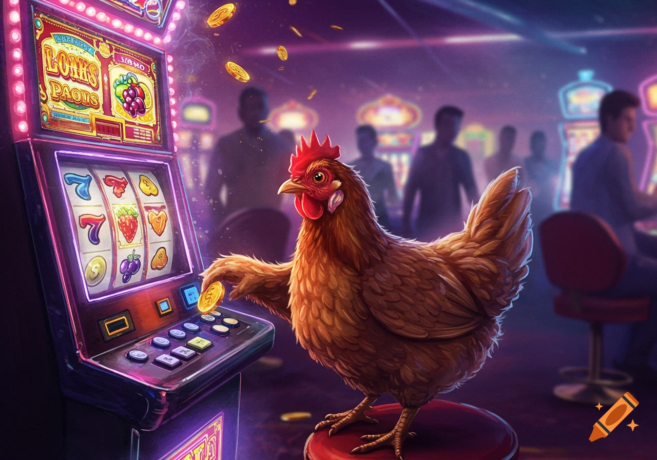 A realistic brown chicken plays a slot machine in a vibrant purple-lit casino, with gold coins floating above and blurred figures in the background.