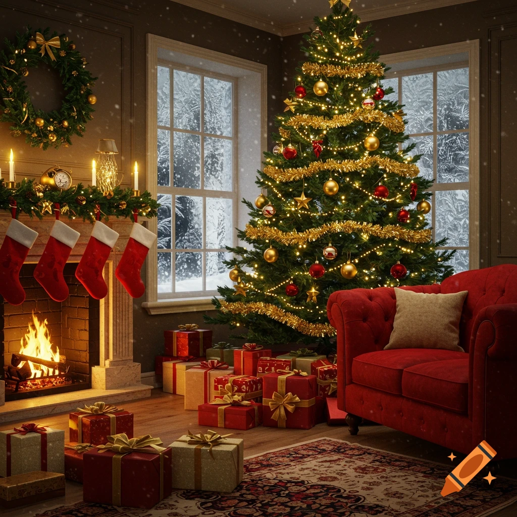 A cozy living room decorated for Christmas, featuring a large illuminated Christmas tree, a fireplace with stockings, and many wrapped presents.