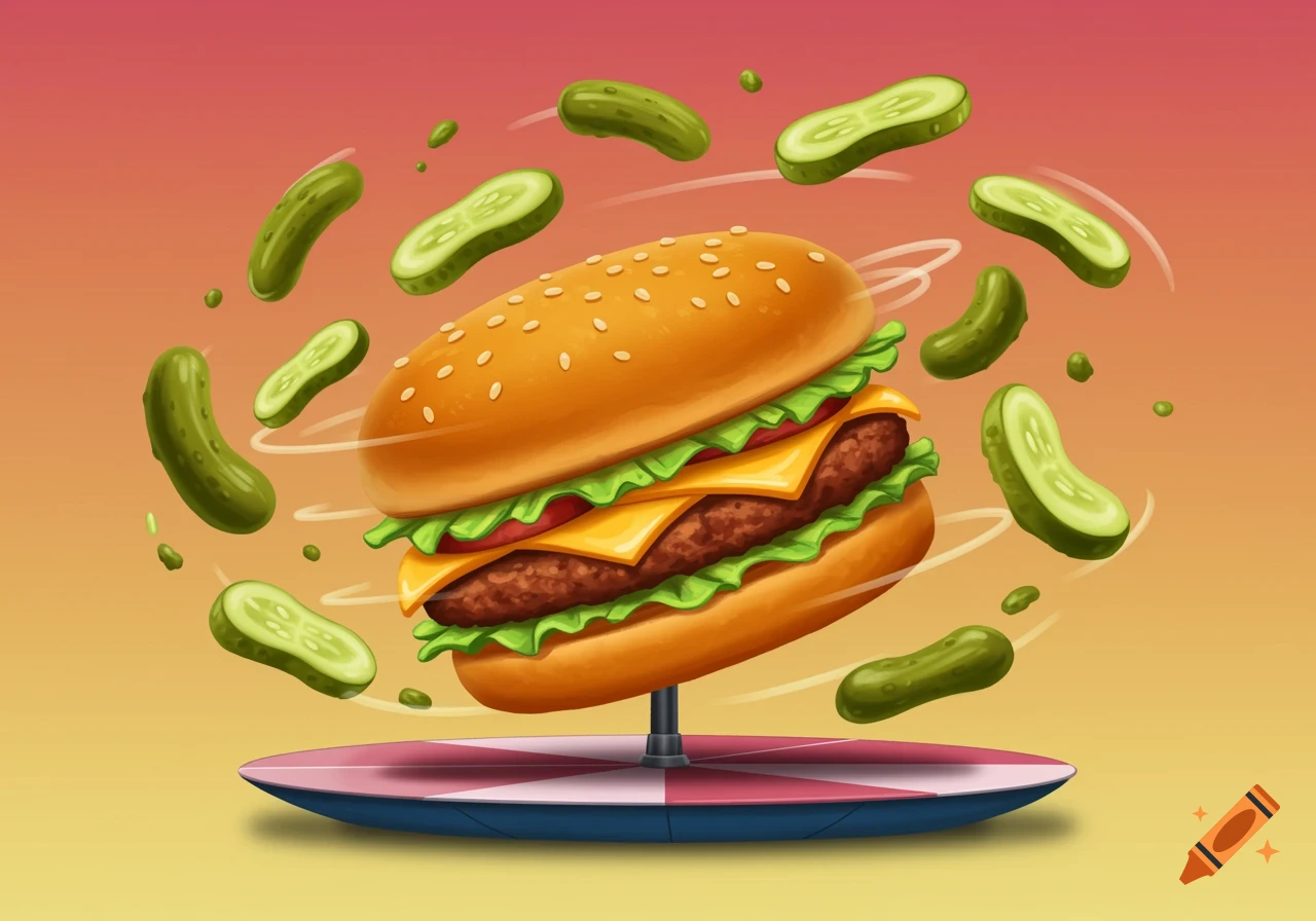 Stylized illustration of a double cheeseburger on a stand, with pickles bouncing and spinning around it.