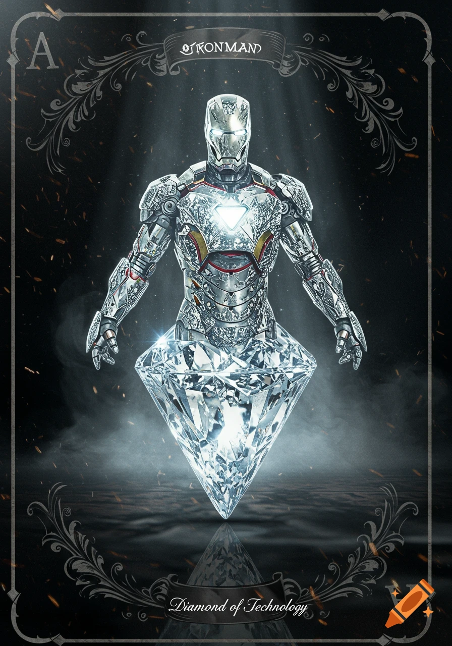 An ornate playing card features Iron Man's crystalline suit merging into a large diamond on a dark, smoky background.