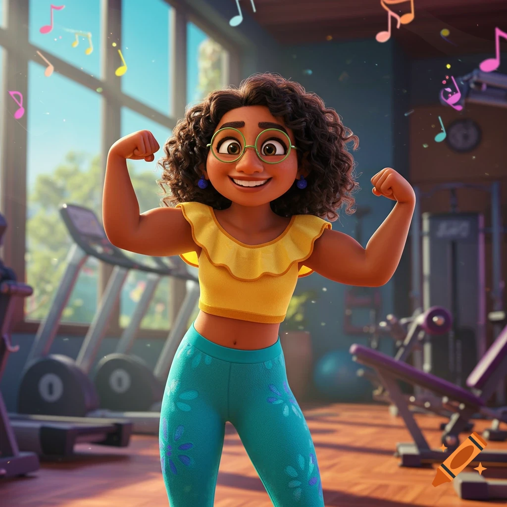 Mirabel from Encanto happily flexes her muscles at the gym in a 3D cartoon style.