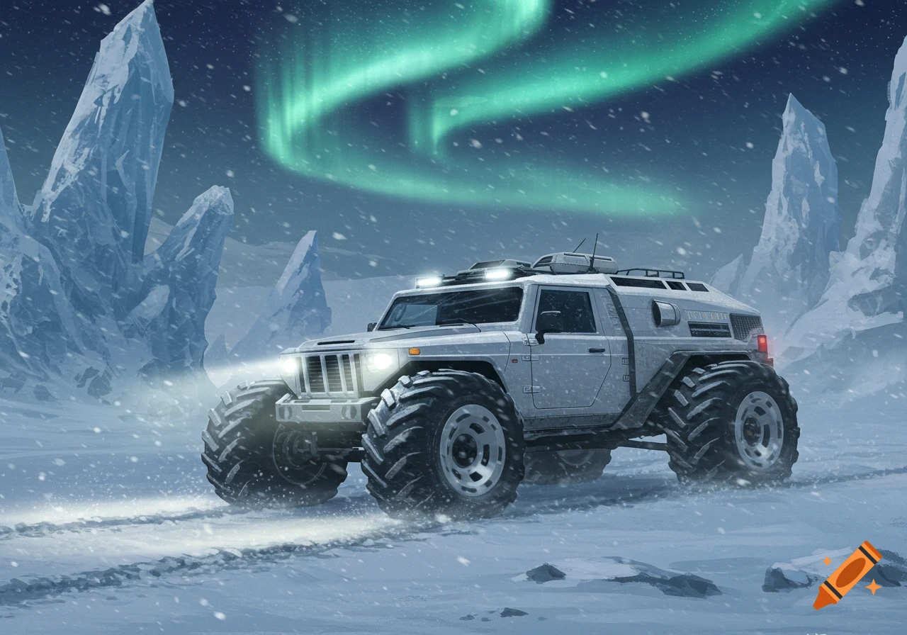 A rugged white land cruiser with large tires drives through a snowy, icy landscape under a green aurora borealis.