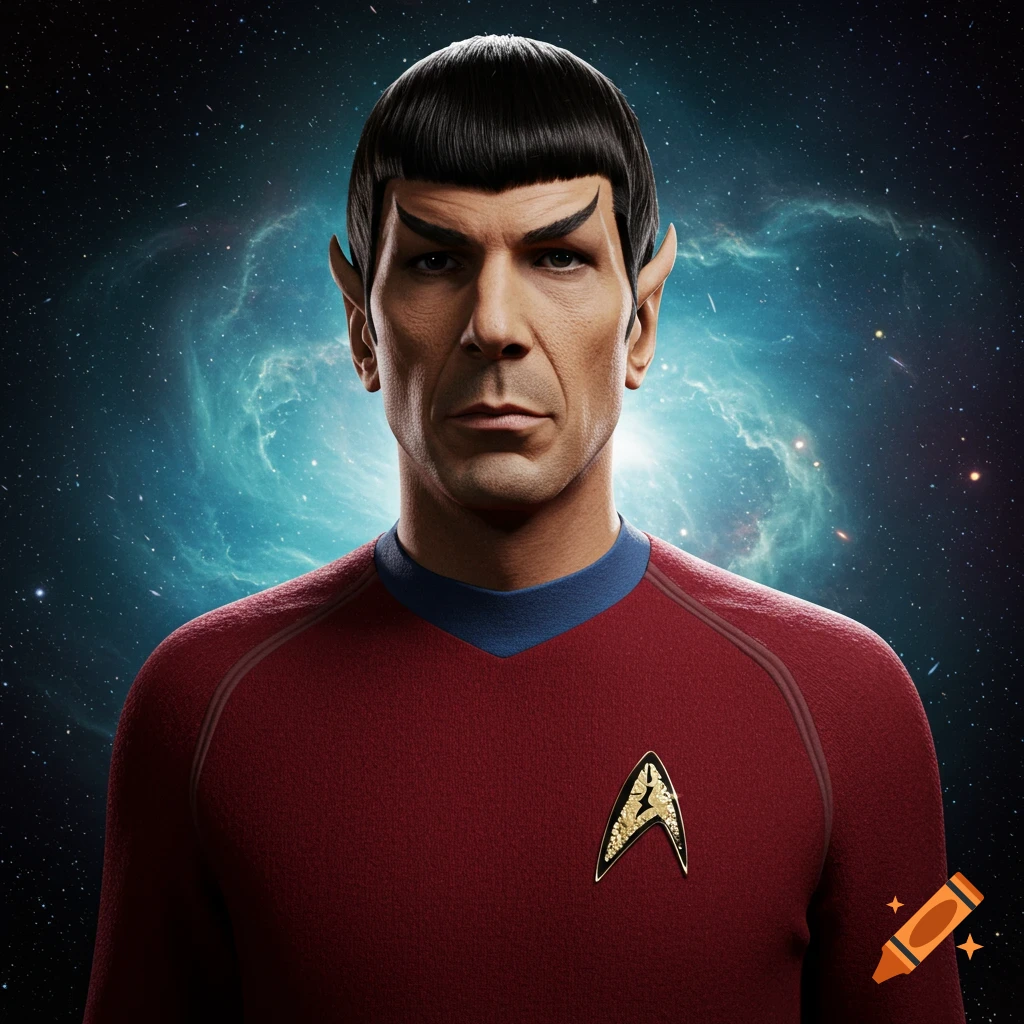 Headshot of Spock from Star Trek against a dark starry sky with a blue nebula.