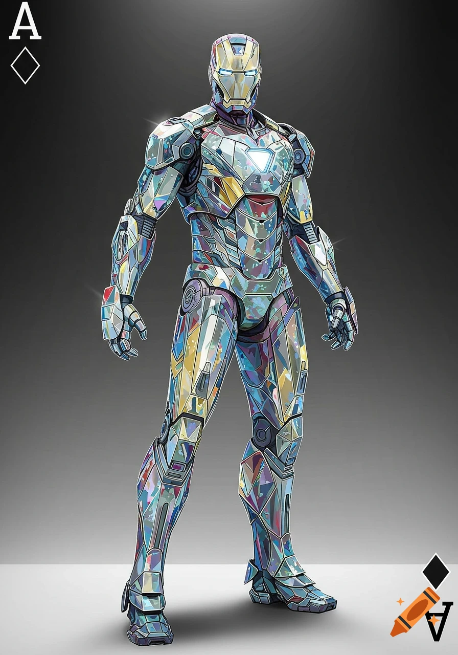 Faceted, colorful Iron Man suit standing against a grey background, like an Ace of Diamonds playing card.