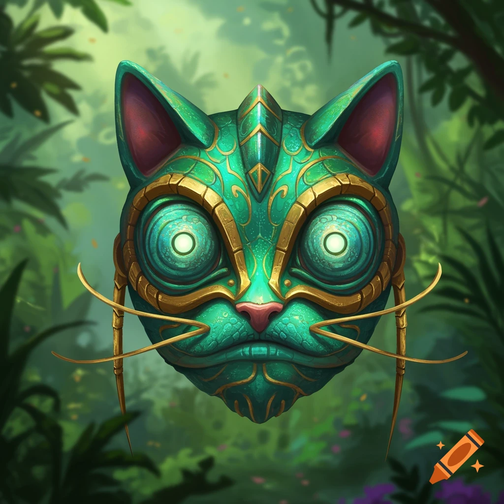 An ornate green and gold cat-like mask with glowing eyes in a lush jungle setting, stylized fantasy art.