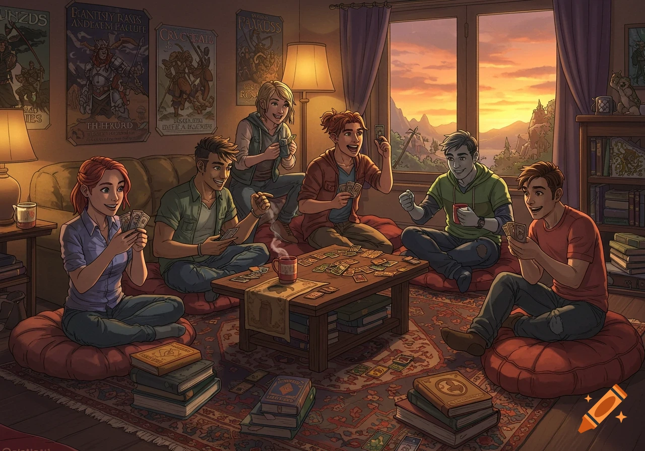 A group of diverse friends playing a fantasy card game in a cozy living room at sunset, illustrated in a vibrant art style.