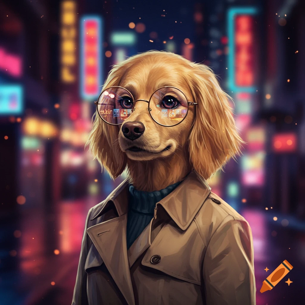 A blonde golden retriever anthropomorphic dog wearing glasses and a trench coat stands against a blurred neon city at night.