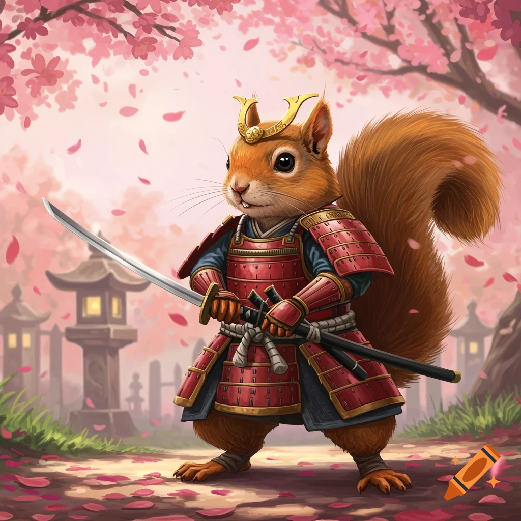A cartoon squirrel in red samurai armor and a golden helmet holds a katana in a cherry blossom forest with Japanese lanterns.