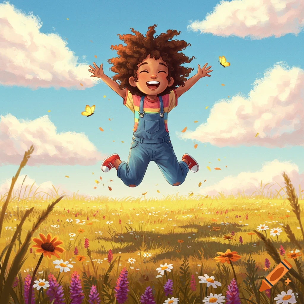 A joyful cartoon child with curly brown hair jumps in a vibrant field of colorful flowers under a bright blue sky with clouds and butterflies.