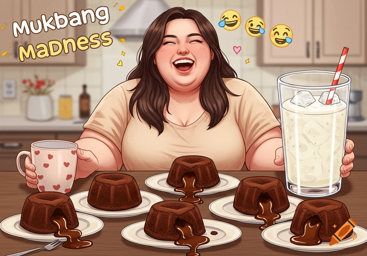 Cartoon of a happy, plus-size woman at a kitchen counter with six chocolate lava cakes and a large iced milk, with 'Mukbang MaDness' text and emojis.
