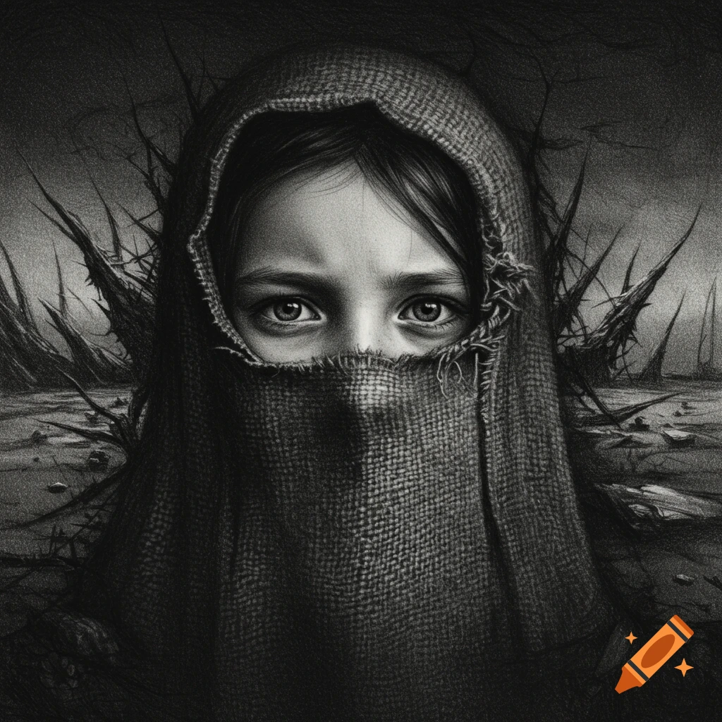 Charcoal and pencil drawing of a girl with her head covered by a burlap sack, eyes staring out, against a dark, desolate background with spiky forms.