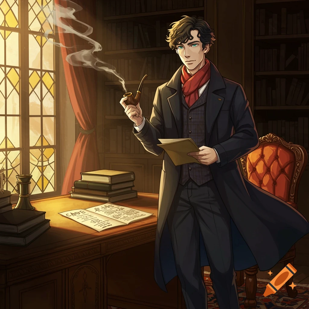 An anime-style man resembling Sherlock Holmes, wearing a trench coat and scarf, holds a pipe and document in a study.
