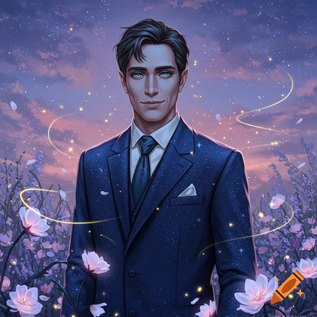 A man with glowing blue eyes and dark hair in a blue suit stands in a field of shimmering flowers under a twilight sky with stars and golden light trails, in a vibrant illustration.