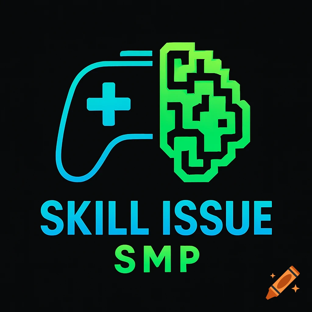 A gaming logo featuring a teal controller and green pixelated brain, with "SKILL ISSUE SMP" text.