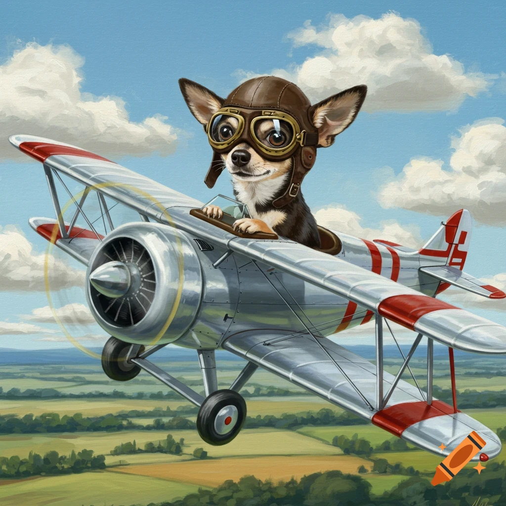 A chihuahua wearing a pilot's helmet and goggles flies a biplane over a green landscape with a blue sky and white clouds.