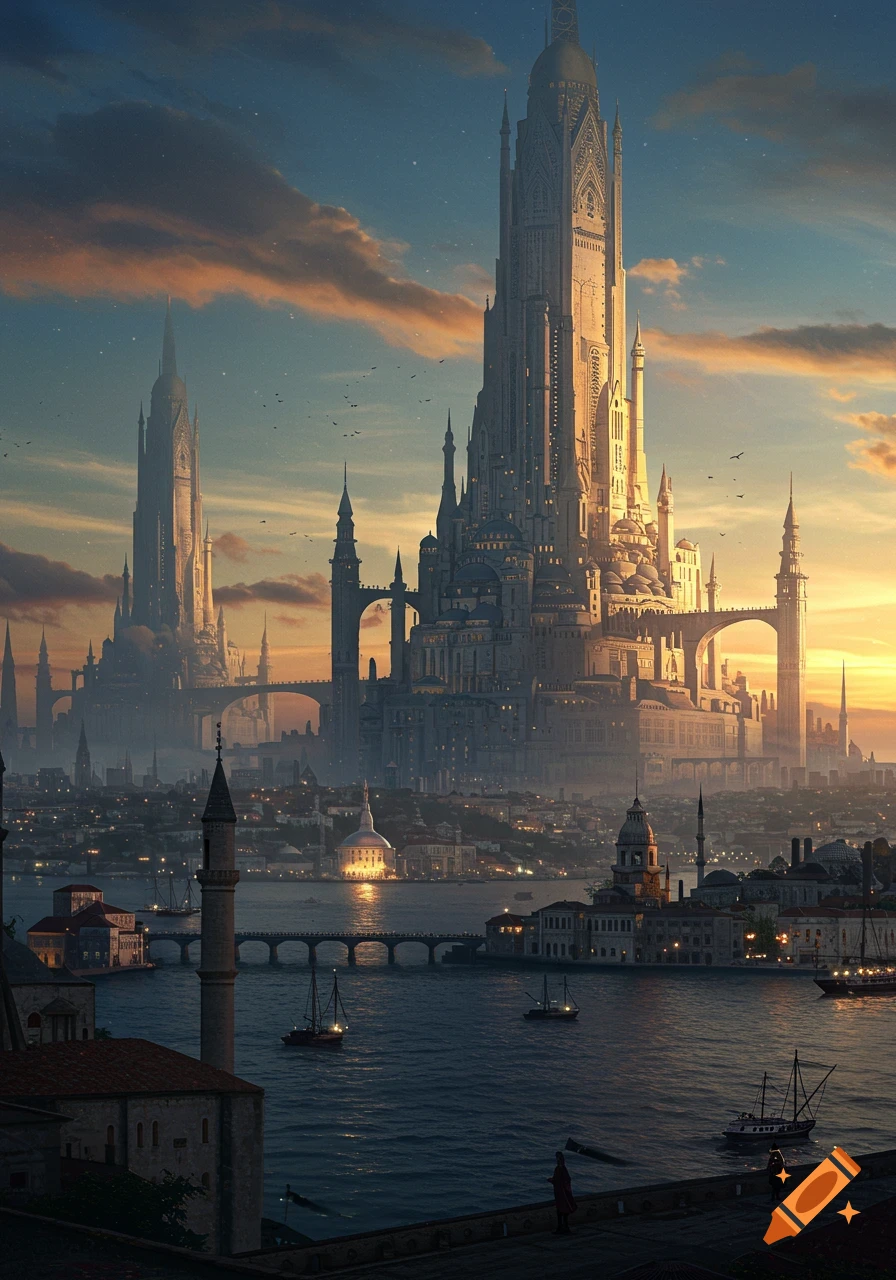 A breathtaking fantasy city with towering, ornate Greco-Roman/Islamic spires overlooking a wide river at sunset.