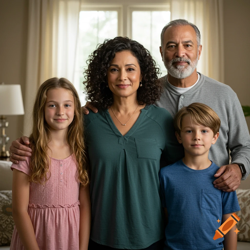 A diverse family of four, including a woman, man, girl, and boy, smiling in a photorealistic portrait in their home.