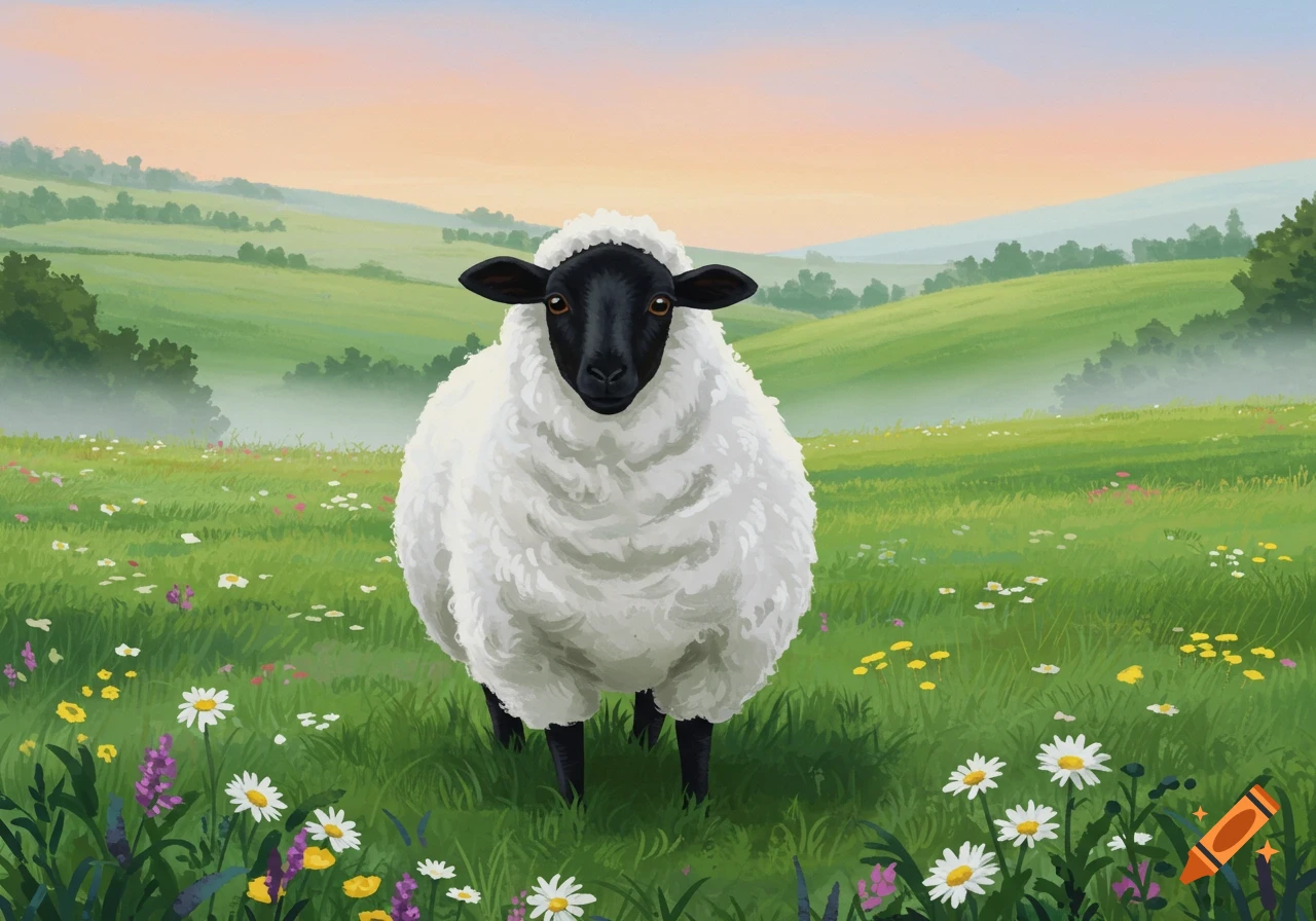 A black-faced sheep stands in a green field filled with wildflowers under a pastel sky.