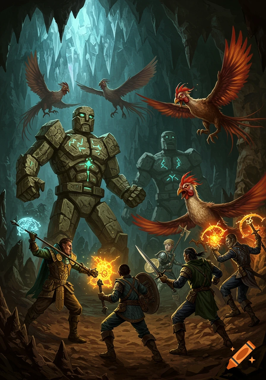 A group of adventurers battle giant stone golems and flying cockatrices in a dark, cavernous dungeon. The adventurers wield weapons and glowing magic.