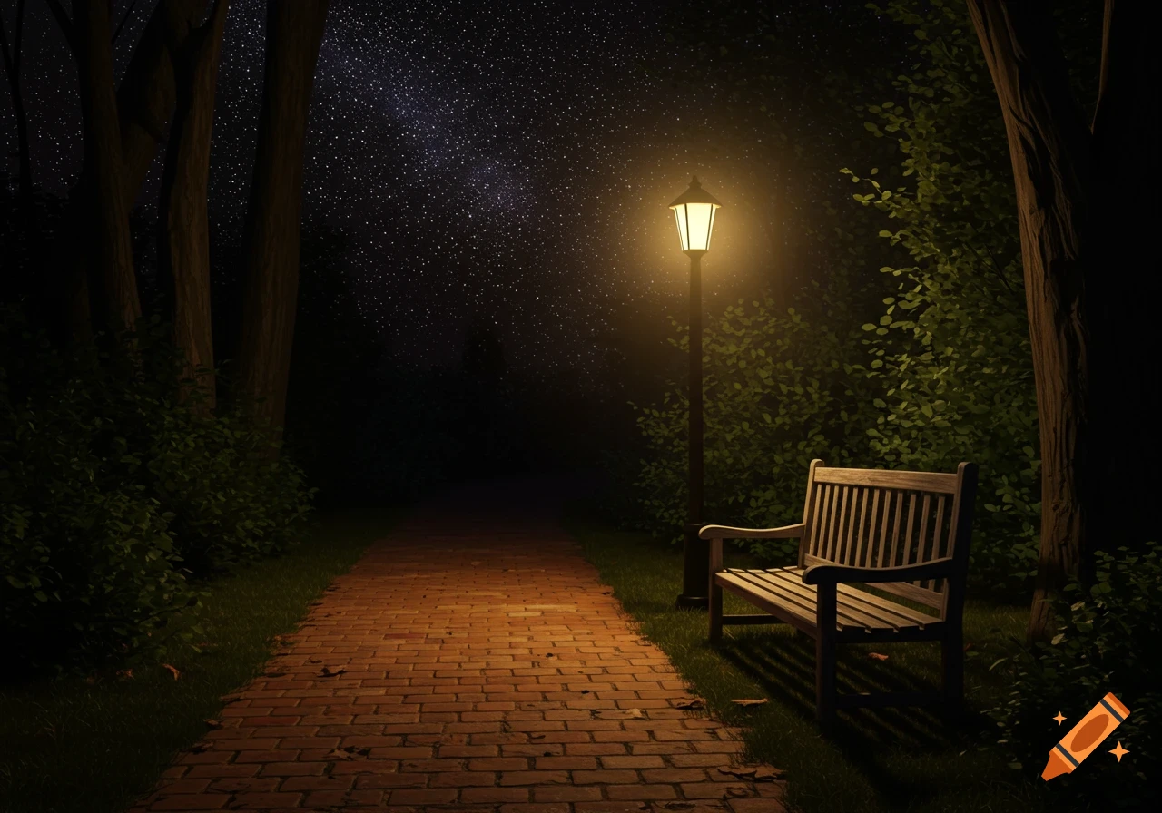 A brick path in a park at night, illuminated by a lamp post next to a wooden bench under a starry sky.