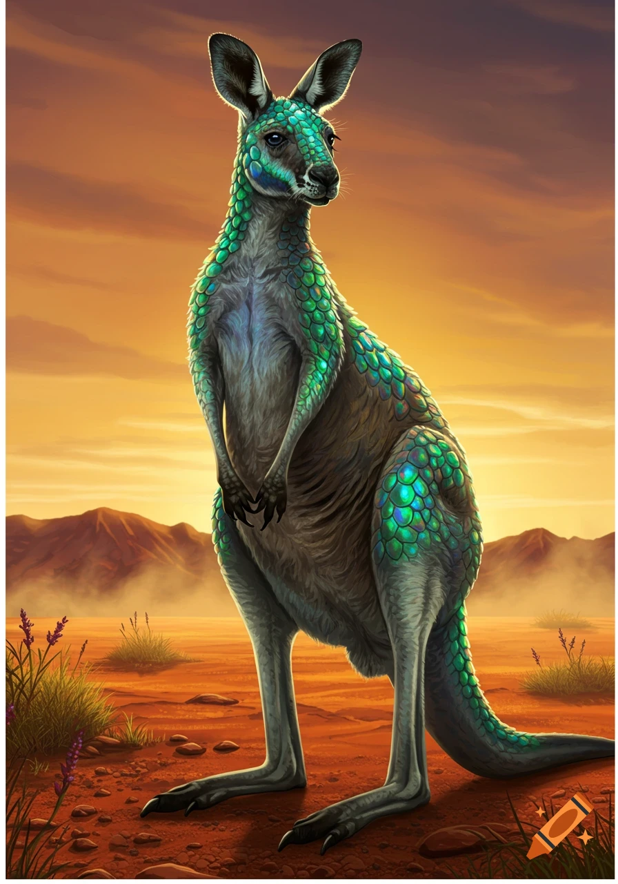 A kangaroo with shimmering green scales stands in a vibrant orange desert landscape at sunset.