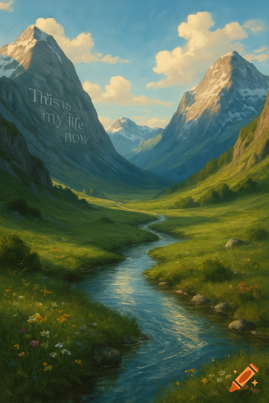 A serene valley with a winding river, towering snow-capped mountains, and the text 'This is my life now' carved into the left mountain.