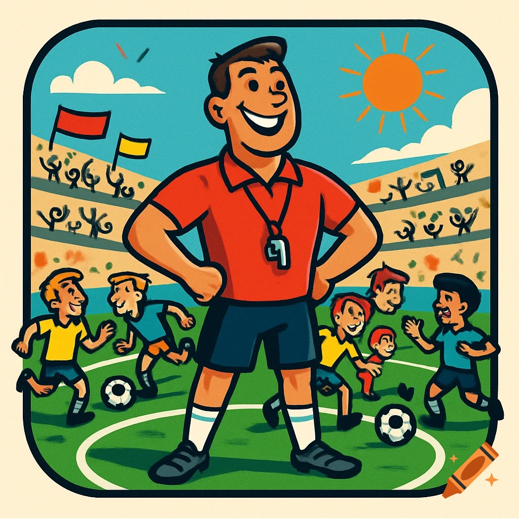 A smiling cartoon soccer coach stands on a green field with young players and a stadium in the background.
