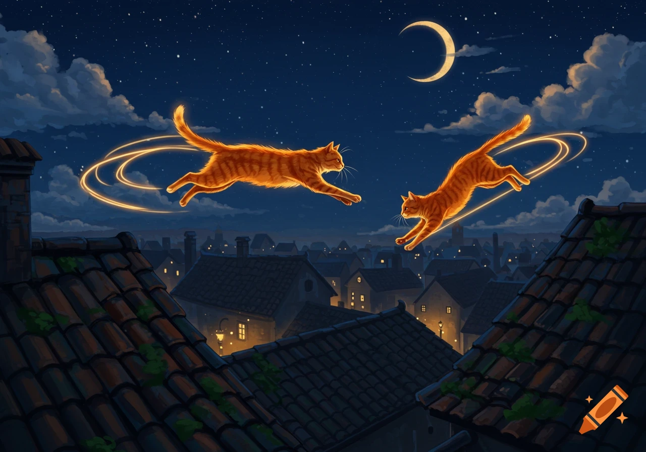 Two glowing ginger cats jump over dark rooftops at night with a crescent moon and stars in the sky. Illustrative.