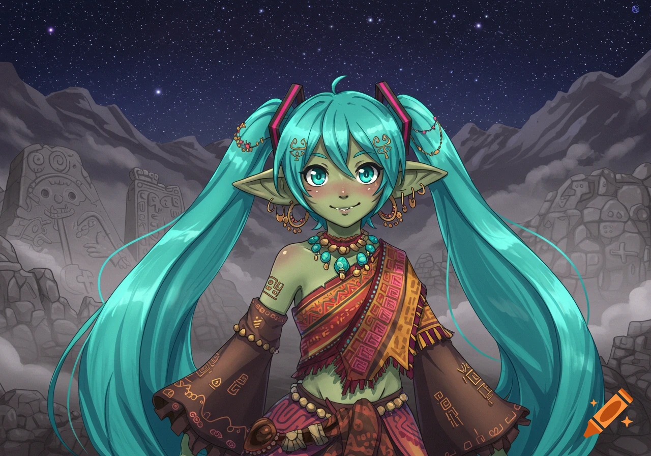 An anime goblin girl resembling Hatsune Miku with green skin, teal pigtails, and patterned clothes stands before ancient ruins under a starry night sky.