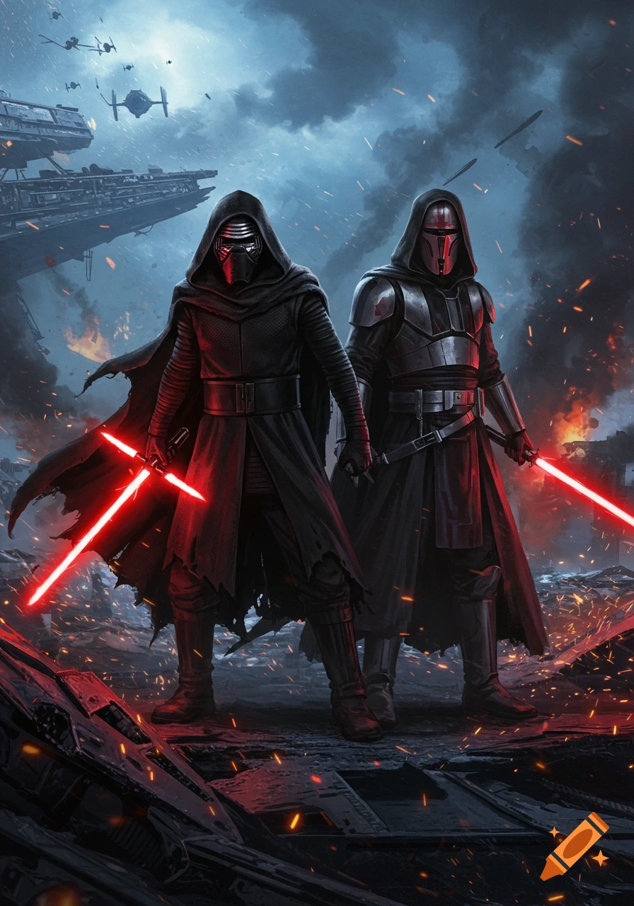 Kylo Ren and Darth Revan stand side-by-side with red lightsabers amidst a fiery battle scene with starships.