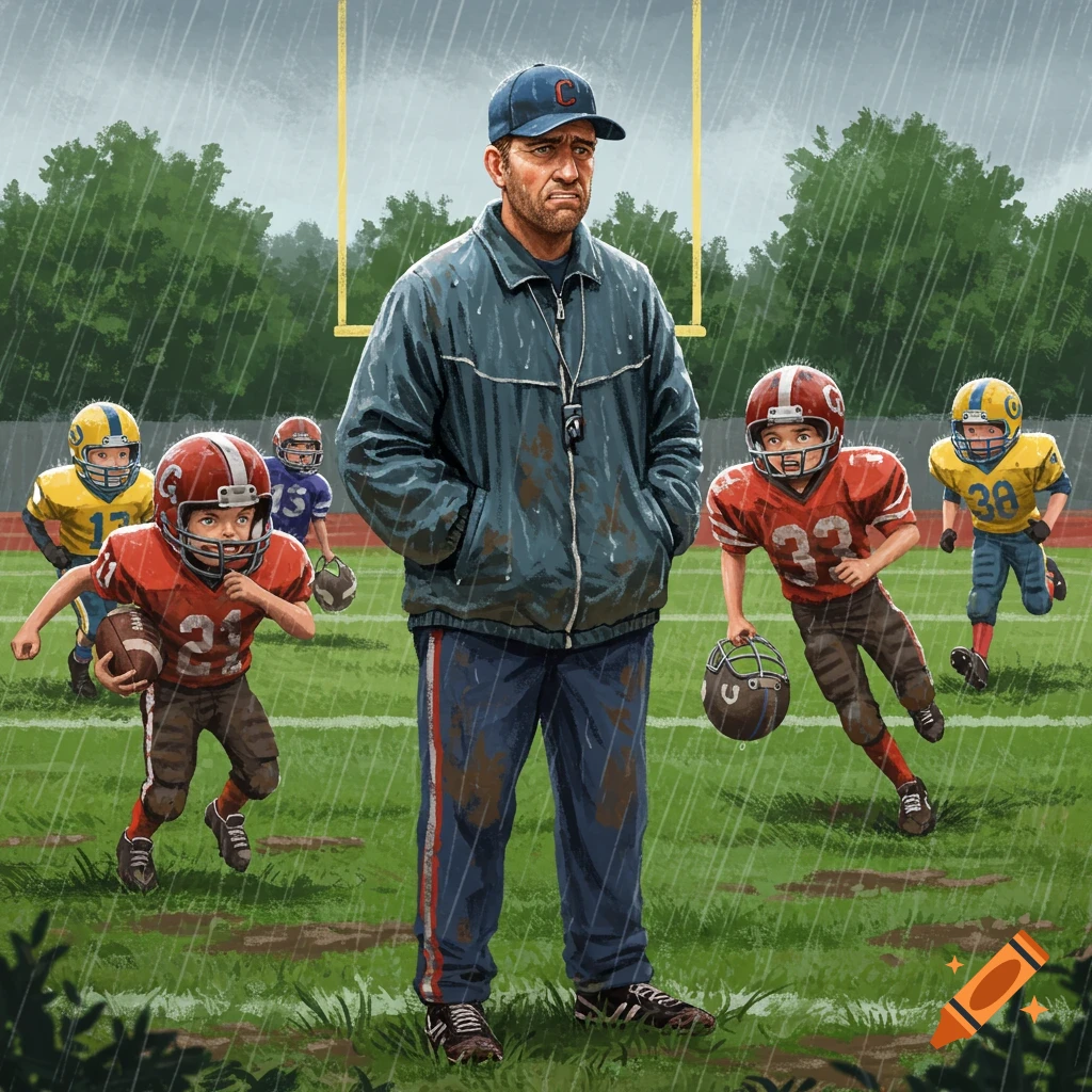 A sad football coach in a blue jacket watches his youth team play in the rain on a muddy field.