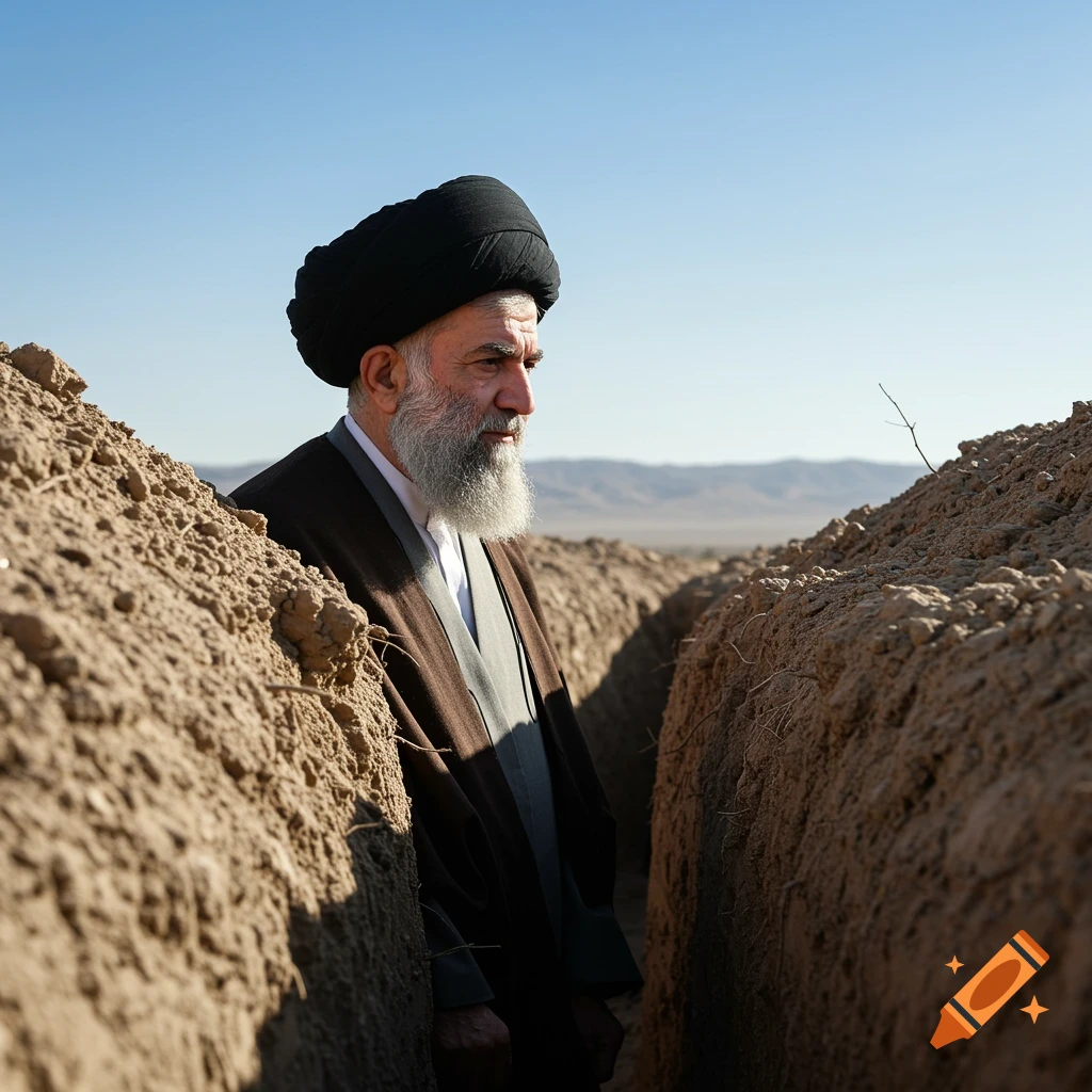 A bearded man in a black turban and brown robe stands in a trench, looking intently at the desert horizon.