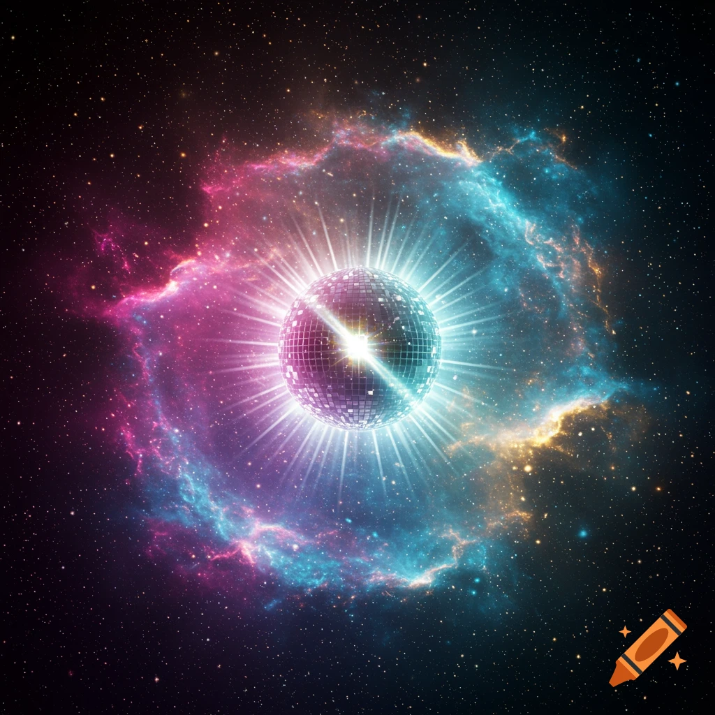 A glowing disco ball at the center of a vibrant pink and blue nebula, surrounded by stars in outer space.