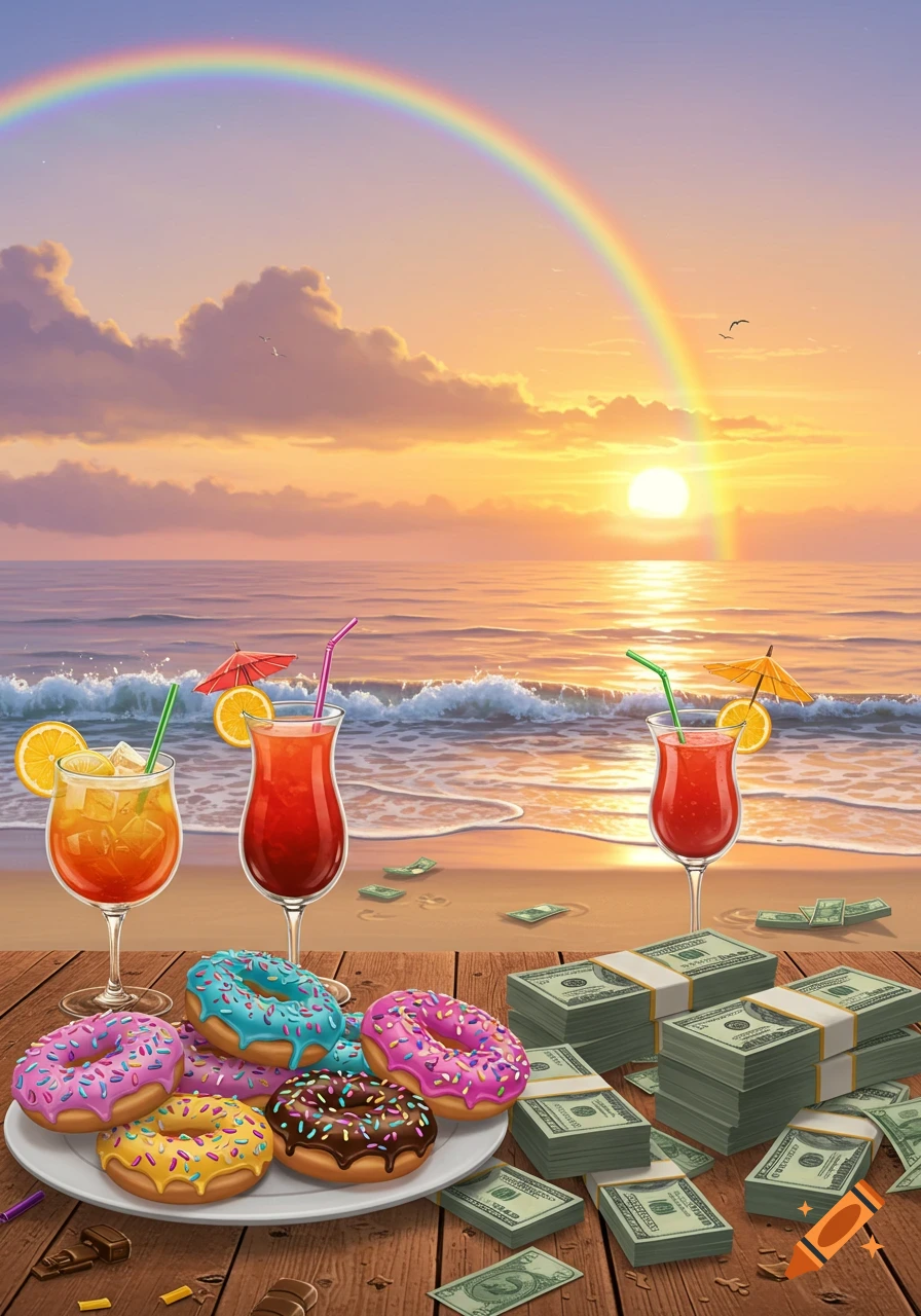 Vibrant digital art of donuts, cocktails, and money on a wooden surface at a beach during sunset with a rainbow over the ocean.