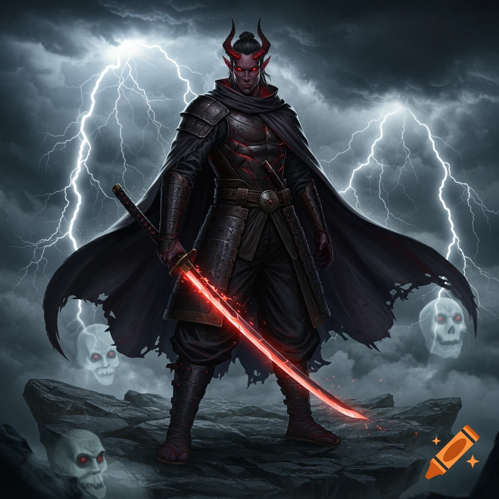 A demon-like warrior with red skin, horns, and dark armor holds a glowing red katana under a stormy, lightning-filled sky with ghostly skulls.