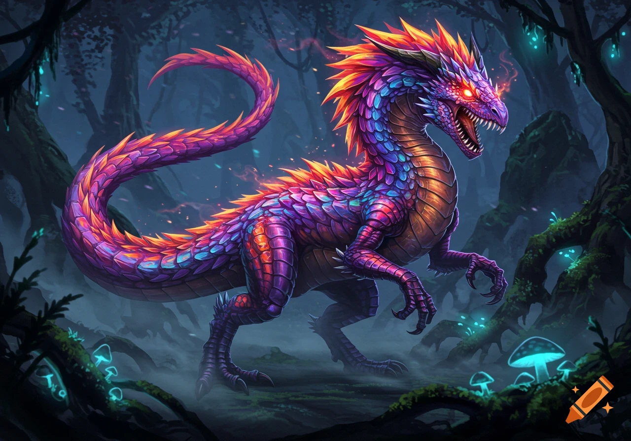 A vibrant, multicolored dragon with glowing red eyes stands in a dark, mystical forest with luminous blue mushrooms.