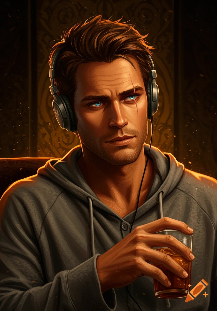 A digital painting of a man with blue eyes and a scar, wearing a grey hoodie and headphones, holding a drink against a warm, ornate background.