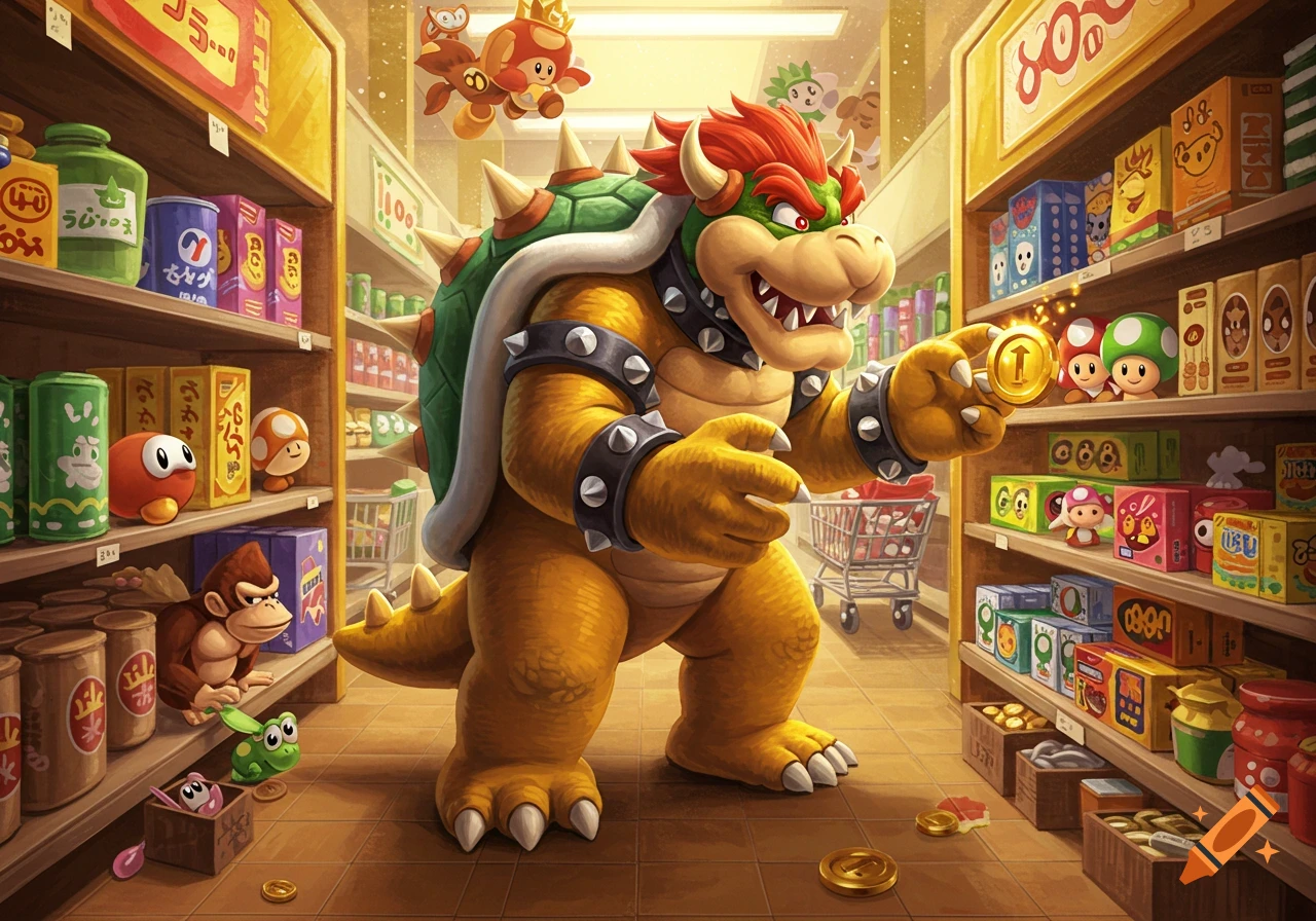 Bowser in a supermarket aisle holding a gold coin, with other Mario characters like Goombas, Toads, and Donkey Kong visible among themed products on shelves.