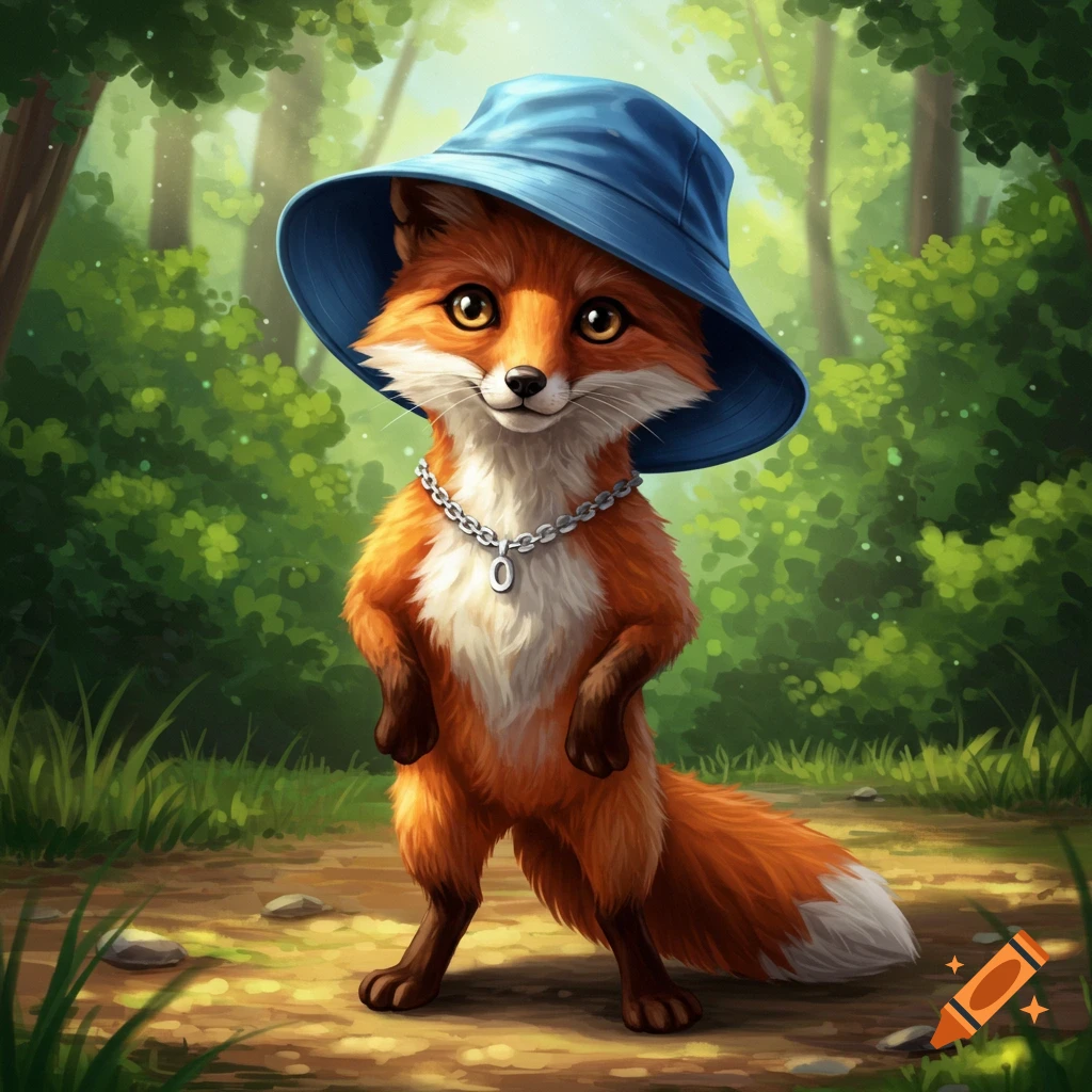 A cute orange fox standing on its hind legs, wearing a blue bucket hat and a chain necklace, on a forest path.